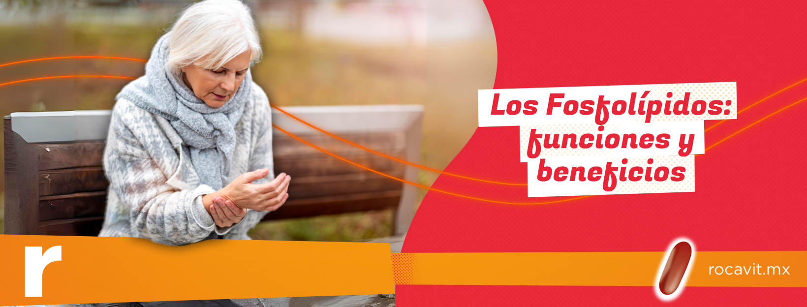 Una mujer mayor de pelo gris, con bufanda y jersey grises, está sentada en un banco mirándose las manos y agarrándose la muñeca por dolor. Titulo - Los Fosfolípidos: funciones y beneficios. Es de rocavit.