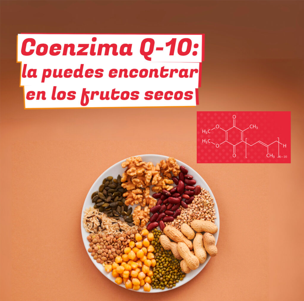 Fondo naranja con un plato con varios frutos secos y cereales. Titulo y un diagrama químico - Coenzima Q-10: la puedes encontrar en los frutos secos. Es de rocavit.