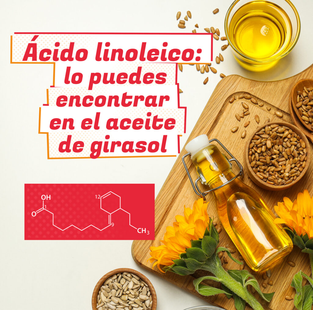 Un arreglo de semillas de girasol y aceite exhibido sobre una tabla de madera con una pequeña botella de aceite de girasol. Titulo y estructura molecular - Ácido linoleico: lo puedes encontrar en el aceite de girasol. Es de rocavit.