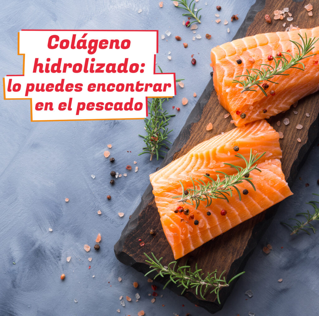 Dos filetes de salmón crudos sobre una tabla de madera, adornados con ramitas de romero y granos de pimienta. Titulo - Colágeno hidrolizado: lo puedes encontrar en el pescado. Es de rocavit.