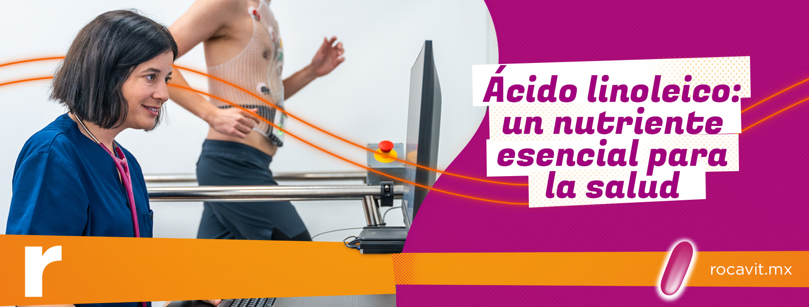Hombre haciendo ejercicio con sensores de cardio y mujer monitoreando. Título - ácido linoleico: un nutriente esencial para la salud. vitamina de rocavit.