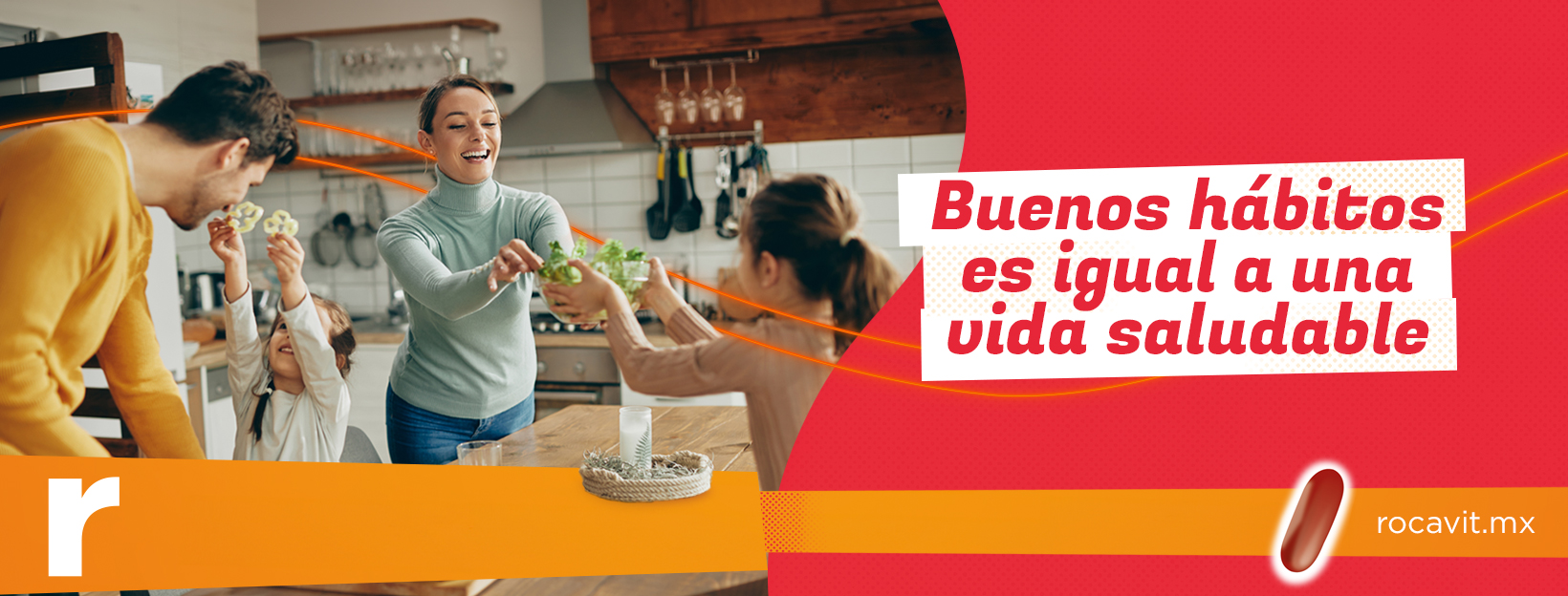 Una familia de cuatro personas sonríe y disfruta de la comida juntos en una cocina moderna. Titulo - Buenos hábitos es igual a una vida saludable. Es de rocavit.