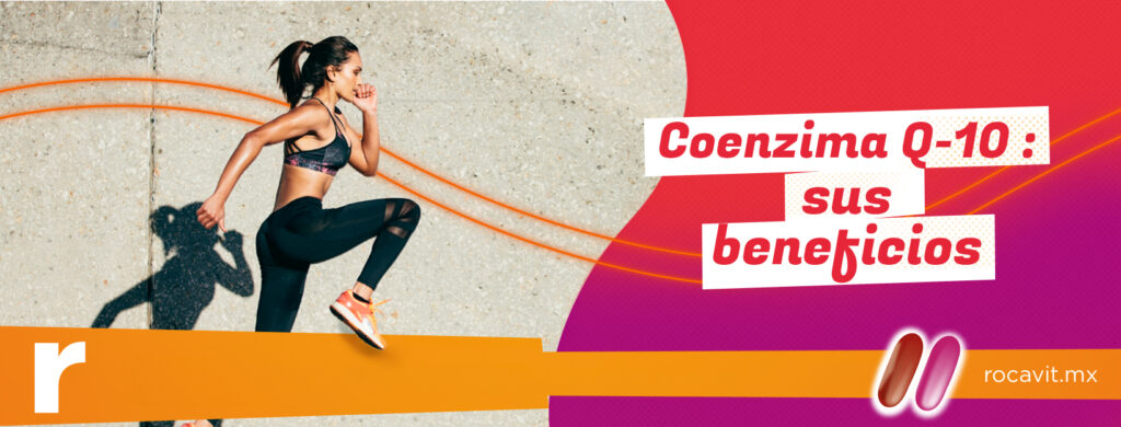 Una mujer haciendo ejercicio. Titulo - Coenzima Q-10: sus beneficios. Es de rocavit.