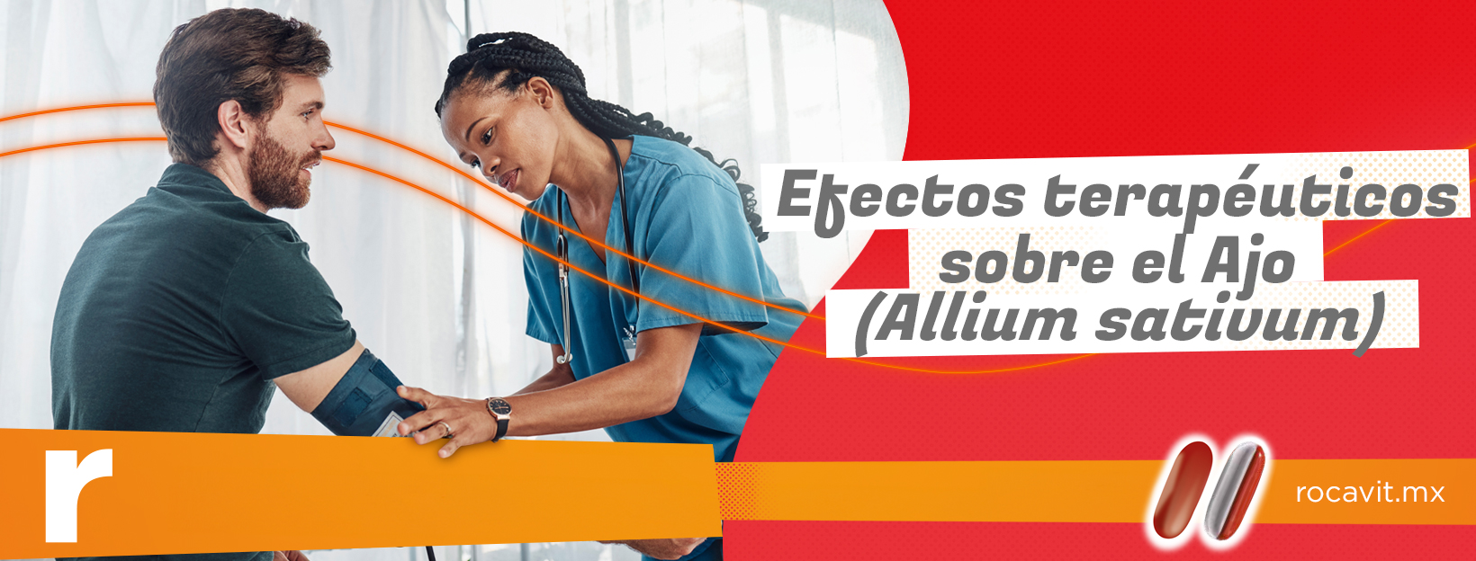 Un trabajador de la salud morena toma la presión arterial de un hombre con barba. Titulo - Efectos terapéuticos sobre el Ajo (Allium sativum). Es de rocavit.